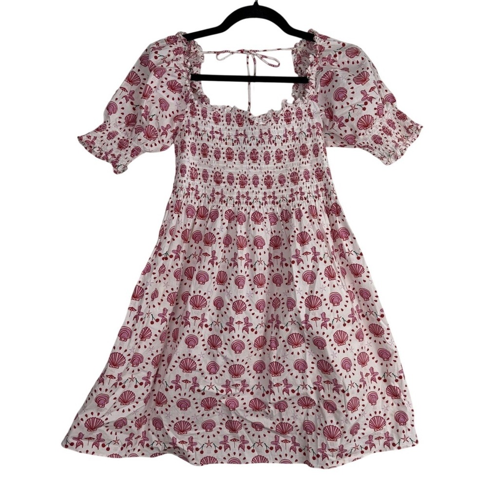 Hill House Home Mermaid Nap Dress Pink‎ Red Seashell Smocked Puff Sleeve Boho XS